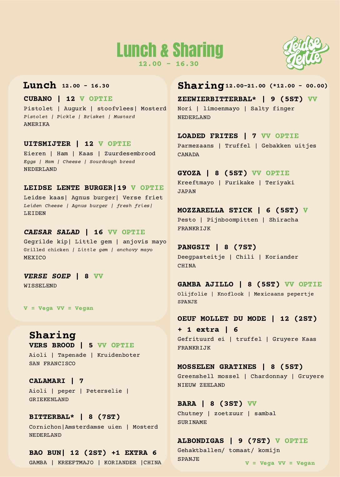 Leidse Lente menukaart en drinks